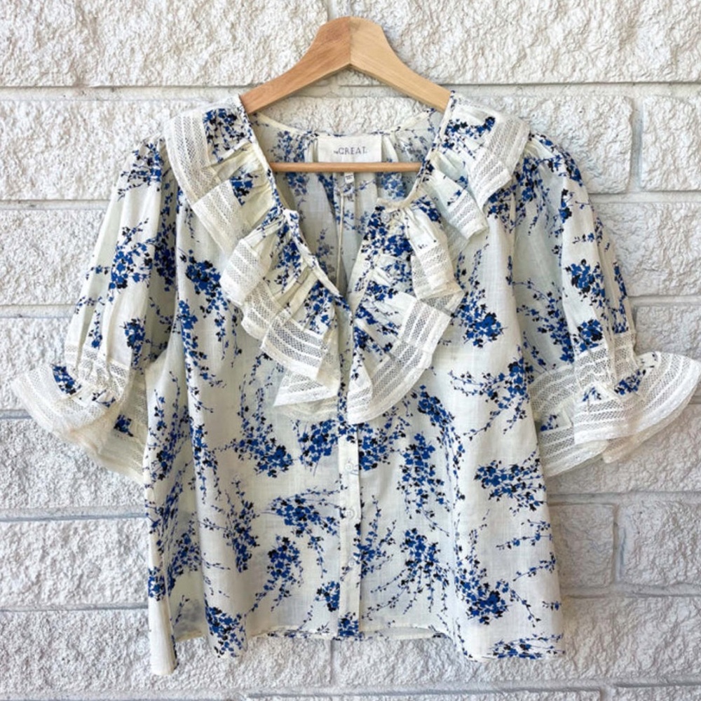 THE GREAT. Bishop Blue on White Floral Blouse - Picture 5 of 14